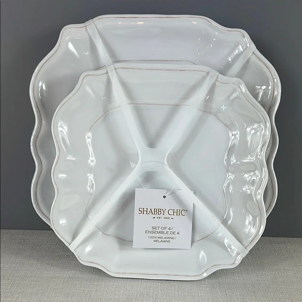 Shabby Chic Melamine Plates 8 pc Set 4 Dinner 4 Salad White Tan Edge NEW
